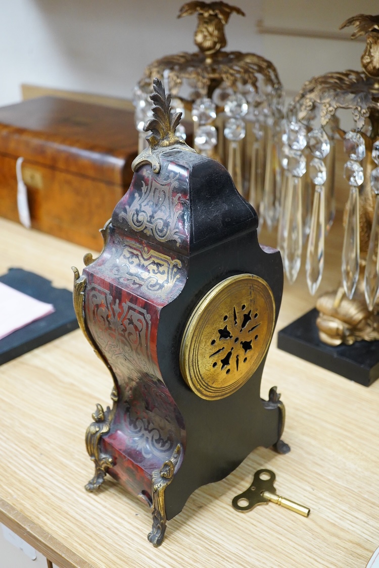 A late 19th century gilt metal mounted Boulle work mantel clock, J. W. Benson, London, with pendulum and key, 36cm high